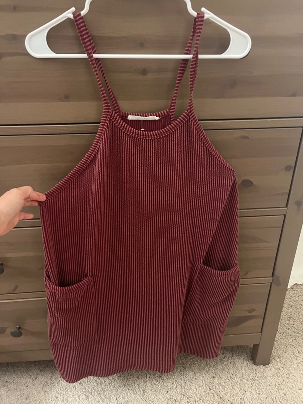 Ribbed Halter Tank Dress in Deep Wine with Front Pockets